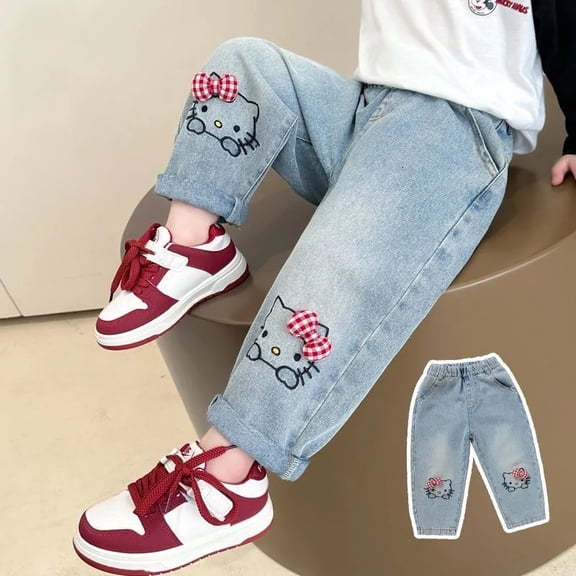 Spring Autumn Denim Pants Cartoon Hello Kitty Loose Straight Casual Jeans Soft Trousers