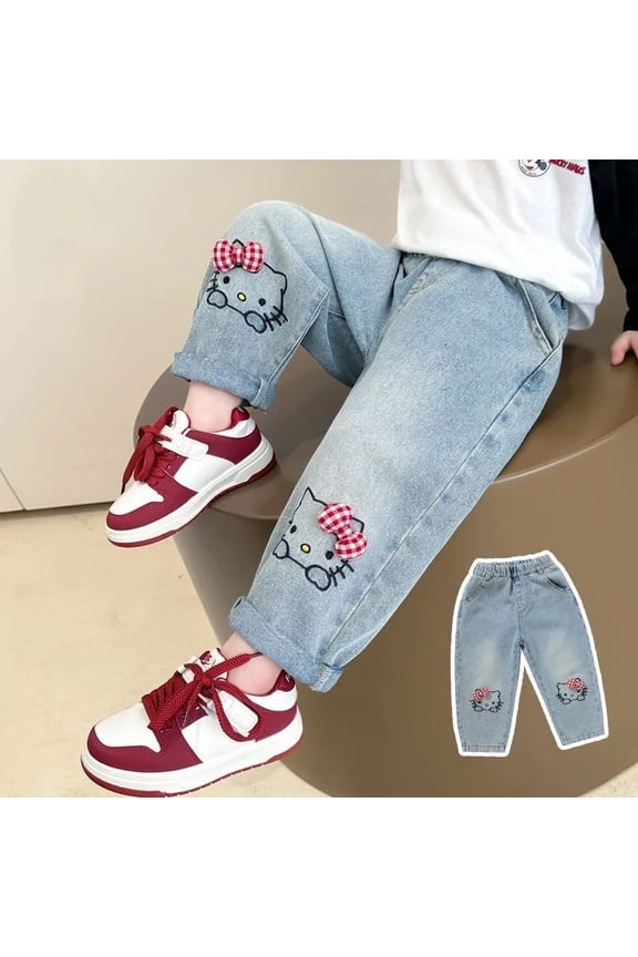 Spring Autumn Denim Pants Cartoon Hello Kitty Loose Straight Casual Jeans Soft Trousers