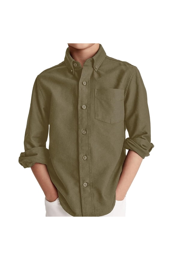 Spring Autumn Kids Long Sleeve Plain Button Blouse Boys Children Solid Tops with Pocket for 5-14 Years