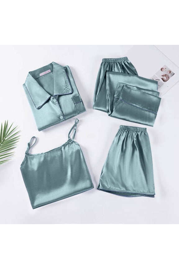 Spring And Autumn Ladies In Europe And The United States Foreign Trade Women's Home Wear Suit Fashion Sling Pajamas Thin Four Piece Set Womens Plaid Pajama Pant Plaid Pajama Shorts Silk Pajama Set