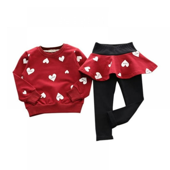 Spring Autumn Little Girls Clothes Set Outfit Heart Print Cotton Sweatshirts Top and Leggings Set