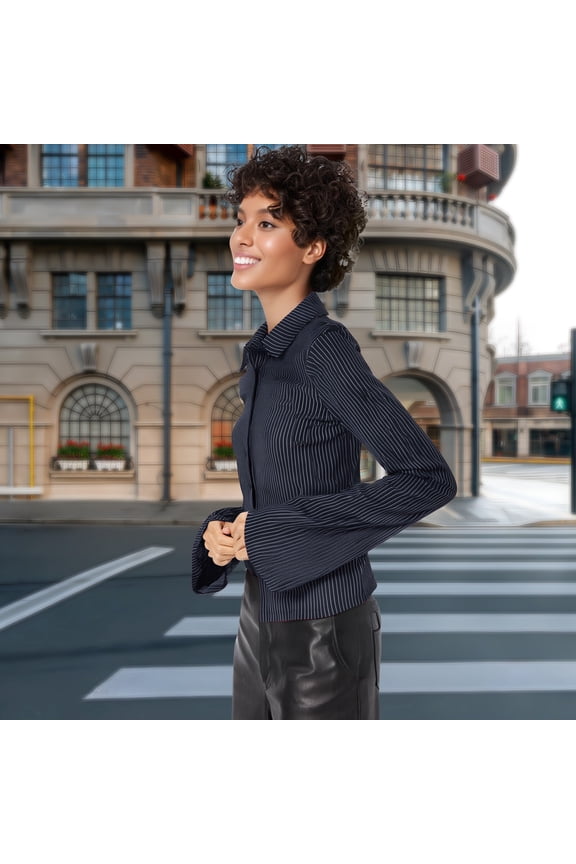 Spring Autumn Striped Lapel Button Down Cardigan Long Sleeve Slim Fit Blouse Top For Women Casual Shirts for Women Summer Extra Long Womens T Shirts Sweater with Shirt for Women Western Shirts Women