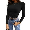 thumbnail image 1 of Spring Autumn Women Long Sleeve Solid Color T-Shirt Slim Fit Ribbed Tops, 1 of 4