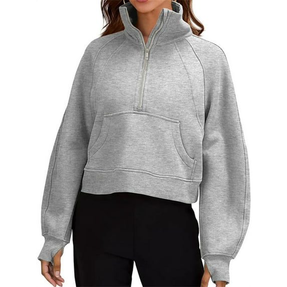 Spring Autumn Women Long Sleeved Half Zipper Crop Hoodies Sweatshirt