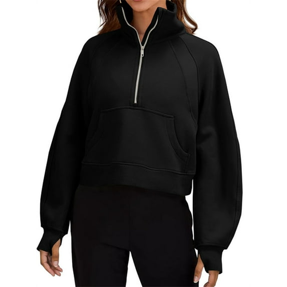 Spring Autumn Women Long Sleeved Half Zipper Crop Hoodies Sweatshirt