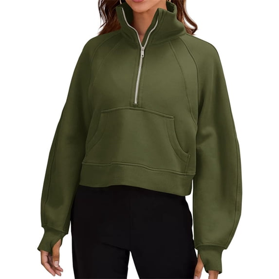 Spring Autumn Women Long Sleeved Half Zipper Crop Hoodies Sweatshirt