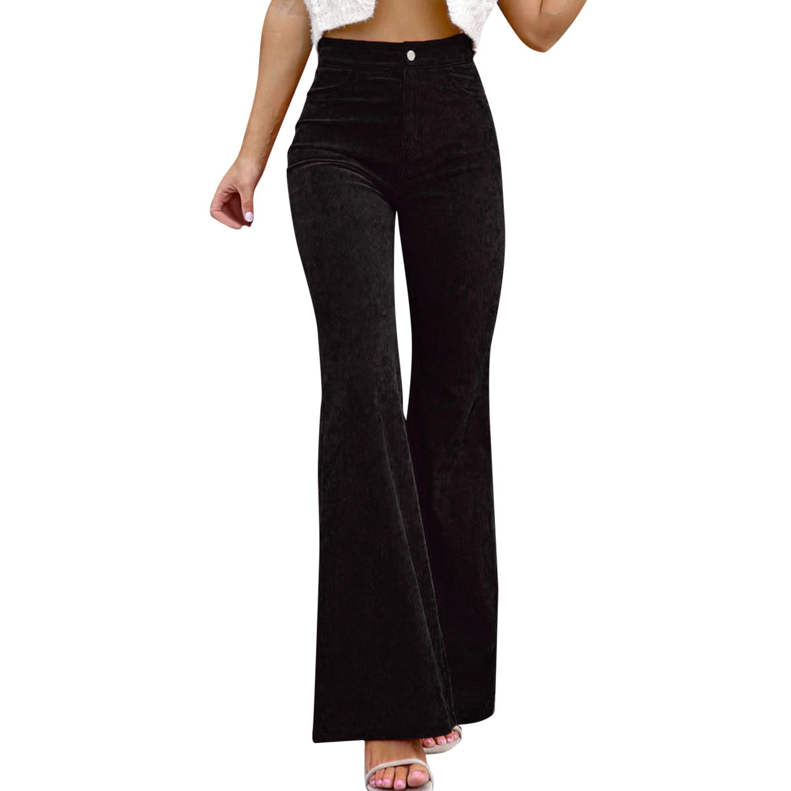 Spring Autumn Women Pants Clothing Solid Color Mid Waist Slim Bell Bottoms  Corduroy Elastic Waist Casual Trousers For Golf Lounge Work