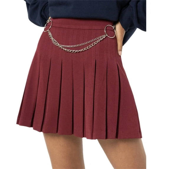Spring Autumn Women Skirts Vintage High Waist Ladies Skirts Solid Color Casual Mini Pleated Skirts with -Red-M
