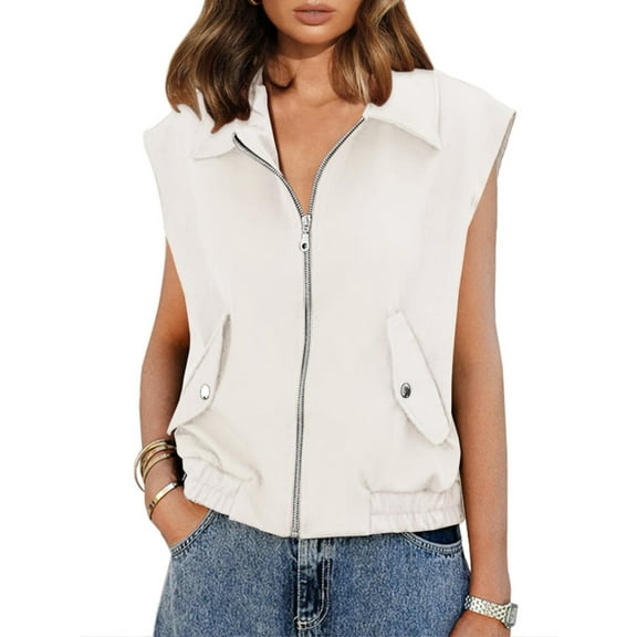 Spring Autumn Women Sleeveless Jackets Zip Up Casual Vest Coat