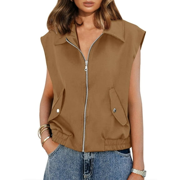 Spring Autumn Women Sleeveless Jackets Zip Up Casual Vest Coat