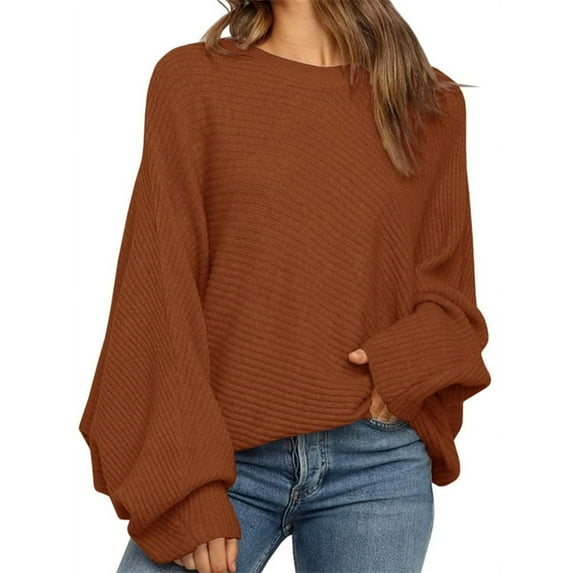 Spring Autumn Women Solid Crew Neck Casual Loose Batwing Sleeve Knit Sweater