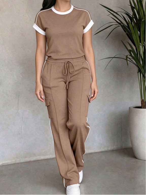 Spring/Autumn Women's New Casual Versatile Round Neck Short Sleeve Top + High Waist Drawstring Striped Loose Cargo Pants 2-Piece Set, Summer Elegant