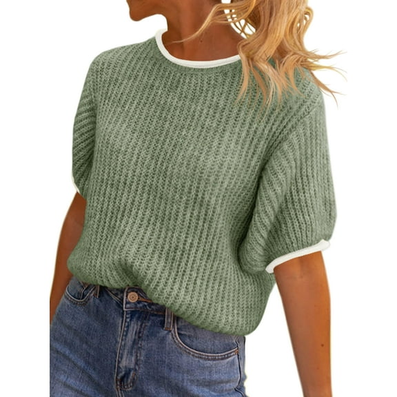 Spring Autumn Womens Puff Short Sleeve Sweater Tops Color Block Ribbed Knit Crew Neck Going Out Shirts