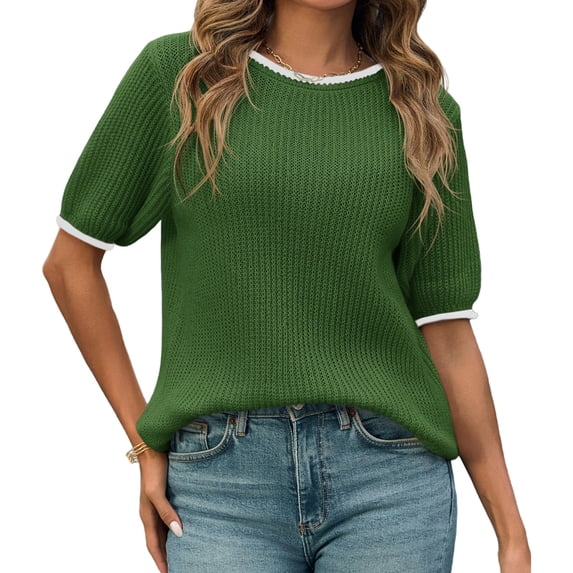 Spring Autumn Womens Puff Short Sleeve Sweater Tops Color Block Ribbed Knit Crew Neck Going Out Shirts