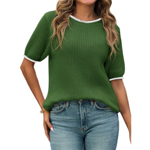 Spring Autumn Womens Puff Short Sleeve Sweater Tops Color Block Ribbed Knit Crew Neck Going Out Shirts