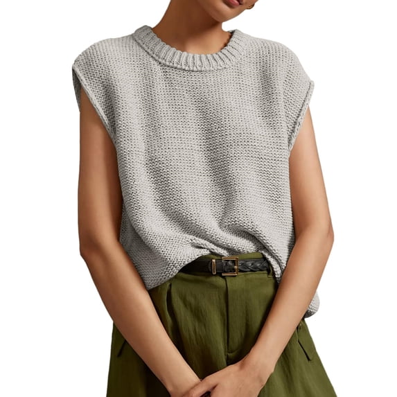 Spring Autumn Womens Sleeveless Knit Sweater Vest Crewneck Sweaters Ribbed Casual Loose Tank Tops