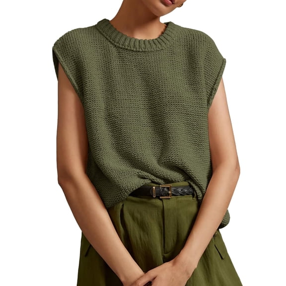 Spring Autumn Womens Sleeveless Knit Sweater Vest Crewneck Sweaters Ribbed Casual Loose Tank Tops