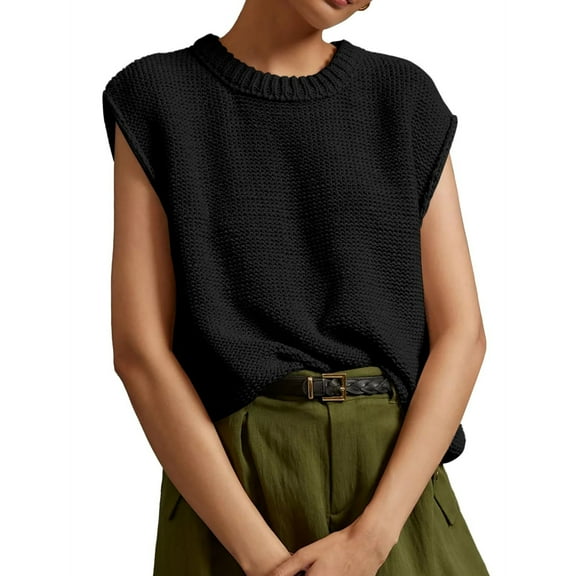 Spring Autumn Womens Sleeveless Knit Sweater Vest Crewneck Sweaters Ribbed Casual Loose Tank Tops