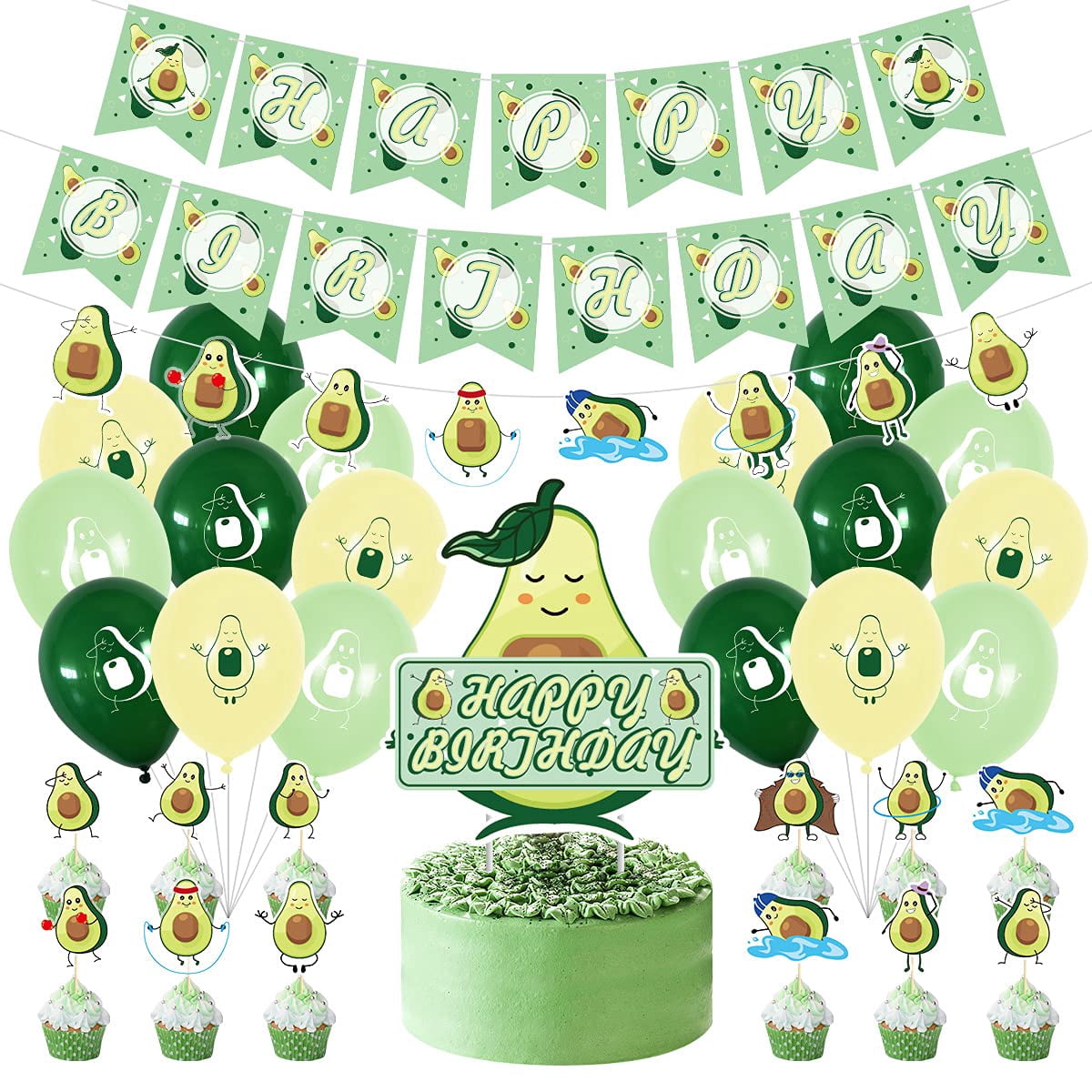 Avocado Birthday Party Decorations Kit - 27 PCS, Includes Banner, Garland, Cake Topper, Cupcake Toppers, Balloons