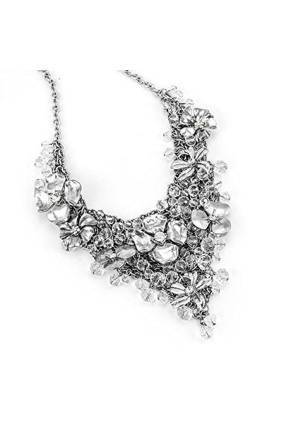 Crystal Flower Statement Necklace - Sparkly Mesh Bib Necklace with Floral Design Jewelry Necklace