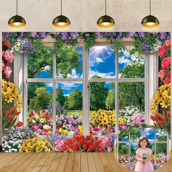 Spring Backdrop Garden Vibrant Flowers Window Photography Background Spring Landscape Party Decorations Banner Supplies Photo Props