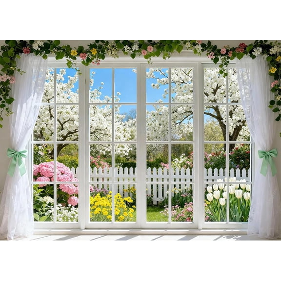 Spring Backdrop Window Garden Flowers White Fence Hydrangea Tulip Background for Spring Outdoor Garden Birthday Party Decorations Supplies Cake Table Banner Photo Booth Props