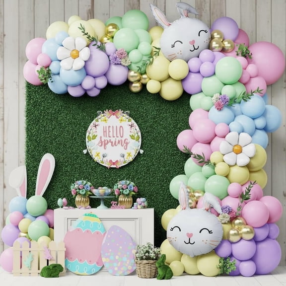 Spring Balloon Garland Arch Kit with Macaron Pastel Balloons, Daisy Flower and Rabbit Mylar Balloon for Party Decoration