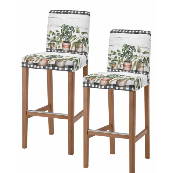Spring Bar Stool Covers Set of 2, Farmhouse Pots Plant Leaves Wood Plank Black Plaid Stretch Bar Chair Covers with Backs, Removable Pub Counter Height Chair Cover for Kitchen Dining Room Cafe