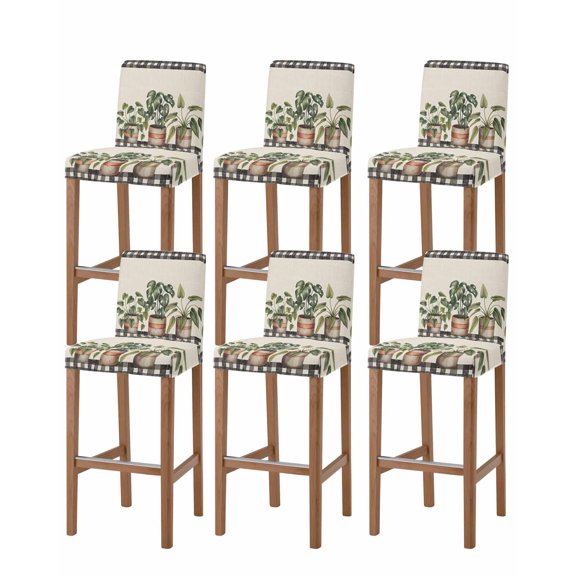 Spring Bar Stool Covers Set of 6, Country Vintage Pots Plants Black Plaid Border Stretch Washable Bar Chair Covers with Backs, Removable Pub Counter Height Chair Cover for Kitchen Dining Room Cafe