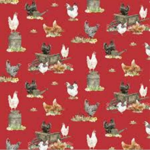 Spring Barn Quilts Chickens Red Cotton Fabric