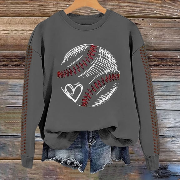 Spring Baseball Print Crew Neck Loose Casual Top, 35% Cotton 60% Polyester 5% Spandex, for Daily, Spring & Autumn, Gray M, Size S-XXL