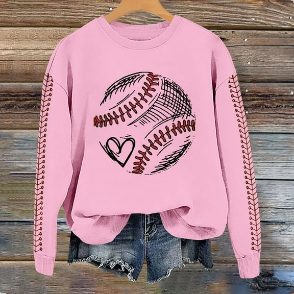 Spring Baseball Print Crew Neck Loose Casual Top, 35% Cotton 60% Polyester 5% Spandex, for Daily, Spring & Autumn, Pink 2XL, Size S-XXL