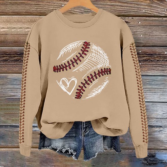Spring Baseball Print Crew Neck Loose Casual Top, 35% Cotton 60% Polyester 5% Spandex, for Daily, Spring & Autumn, Yellow L, Size S-XXL