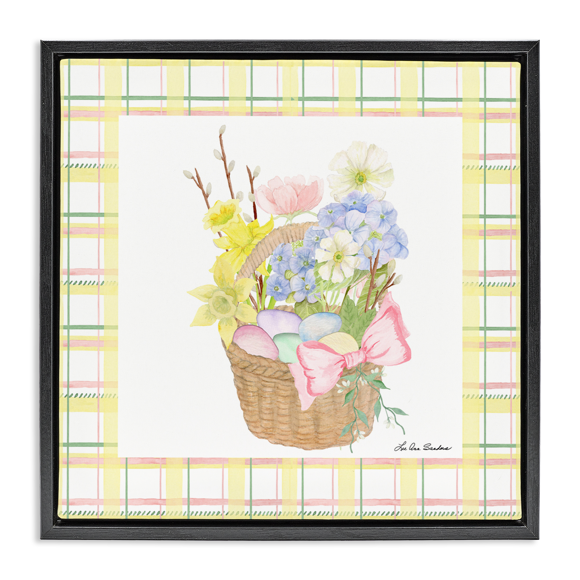 Spring Basket on Plaid Black Framed Floater Canvas Wall Art, design by Lee Ann Sanders