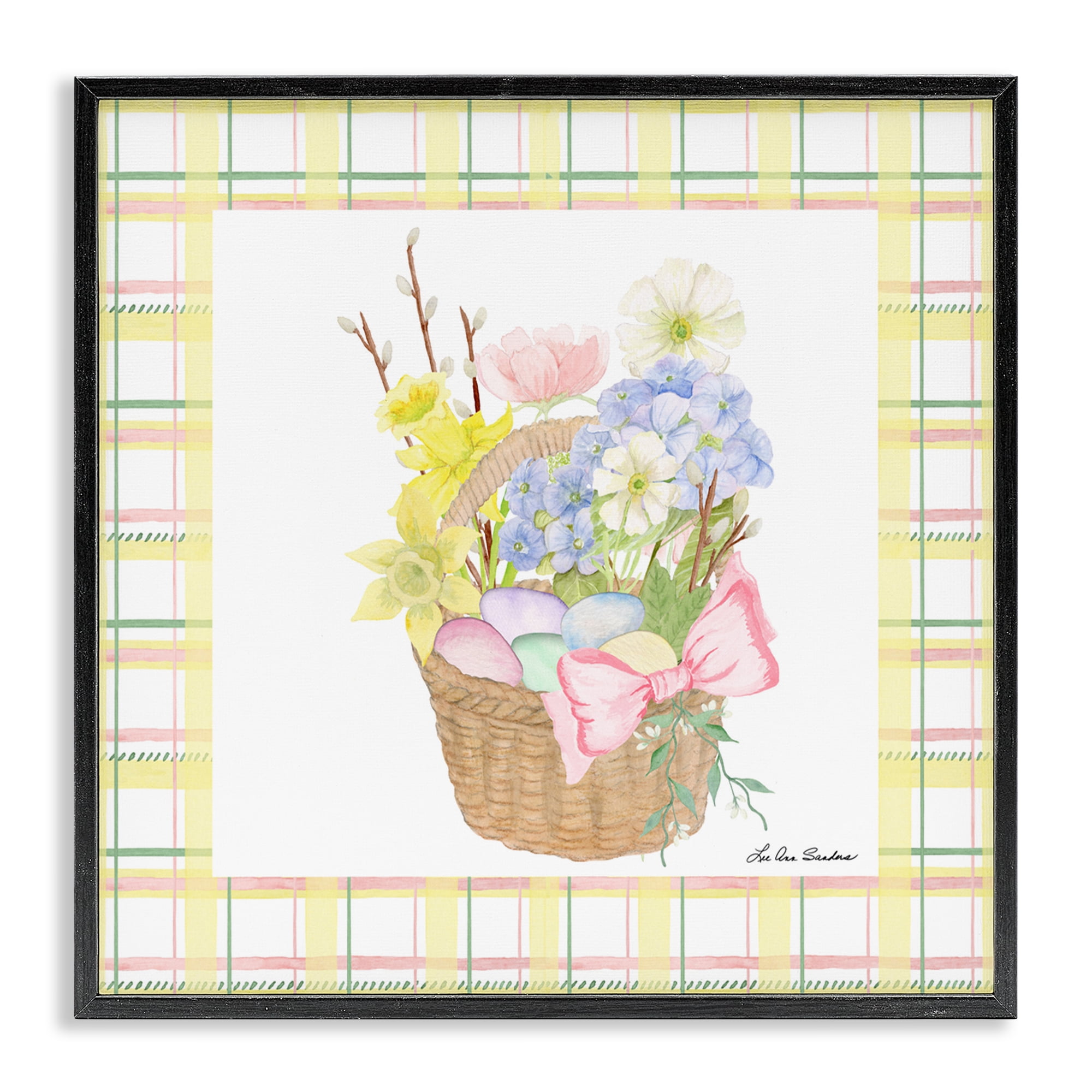 Spring Basket on Plaid Black Framed Giclee Art, design by Lee Ann Sanders