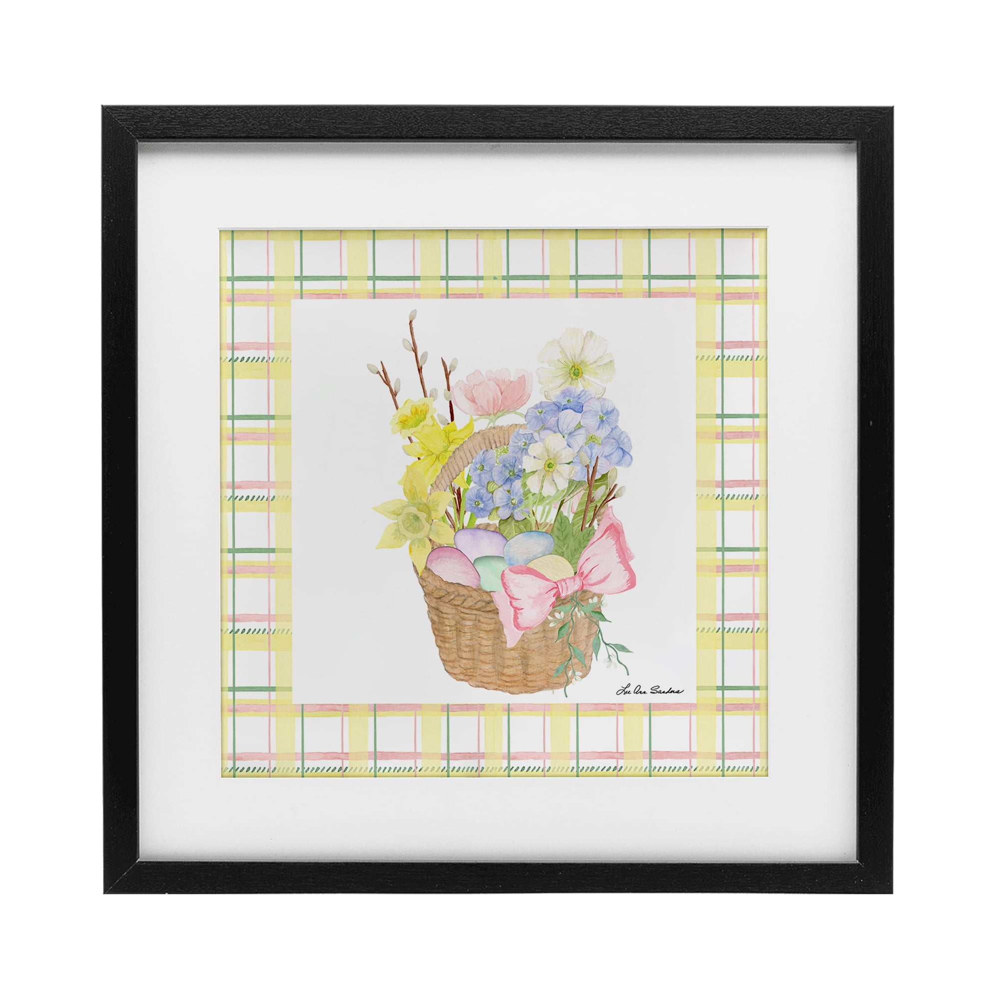 Spring Basket on Plaid Black Framed Print Under Glass, design by Lee Ann Sanders