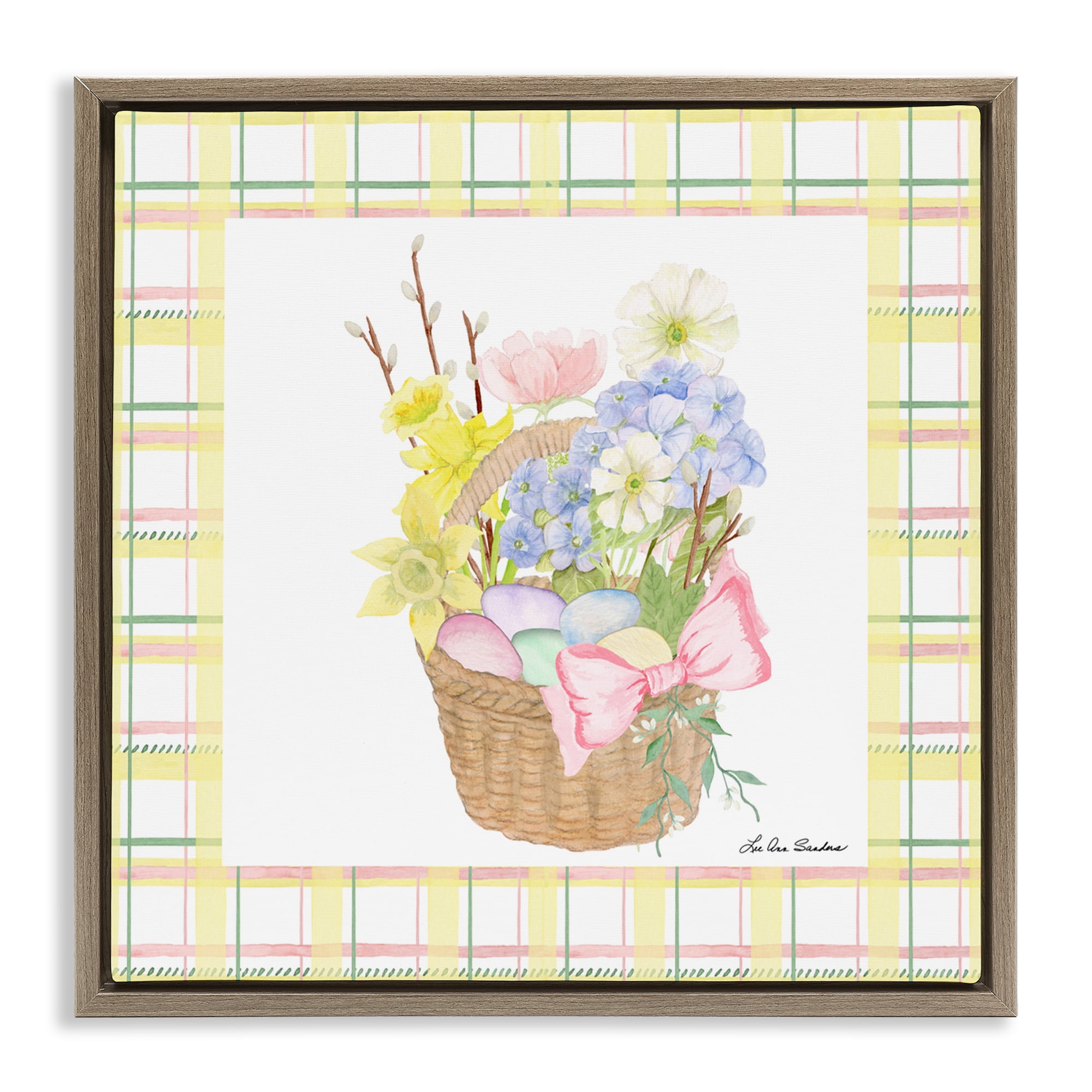 Spring Basket on Plaid Brown Framed Floater Canvas Wall Art, design by Lee Ann Sanders