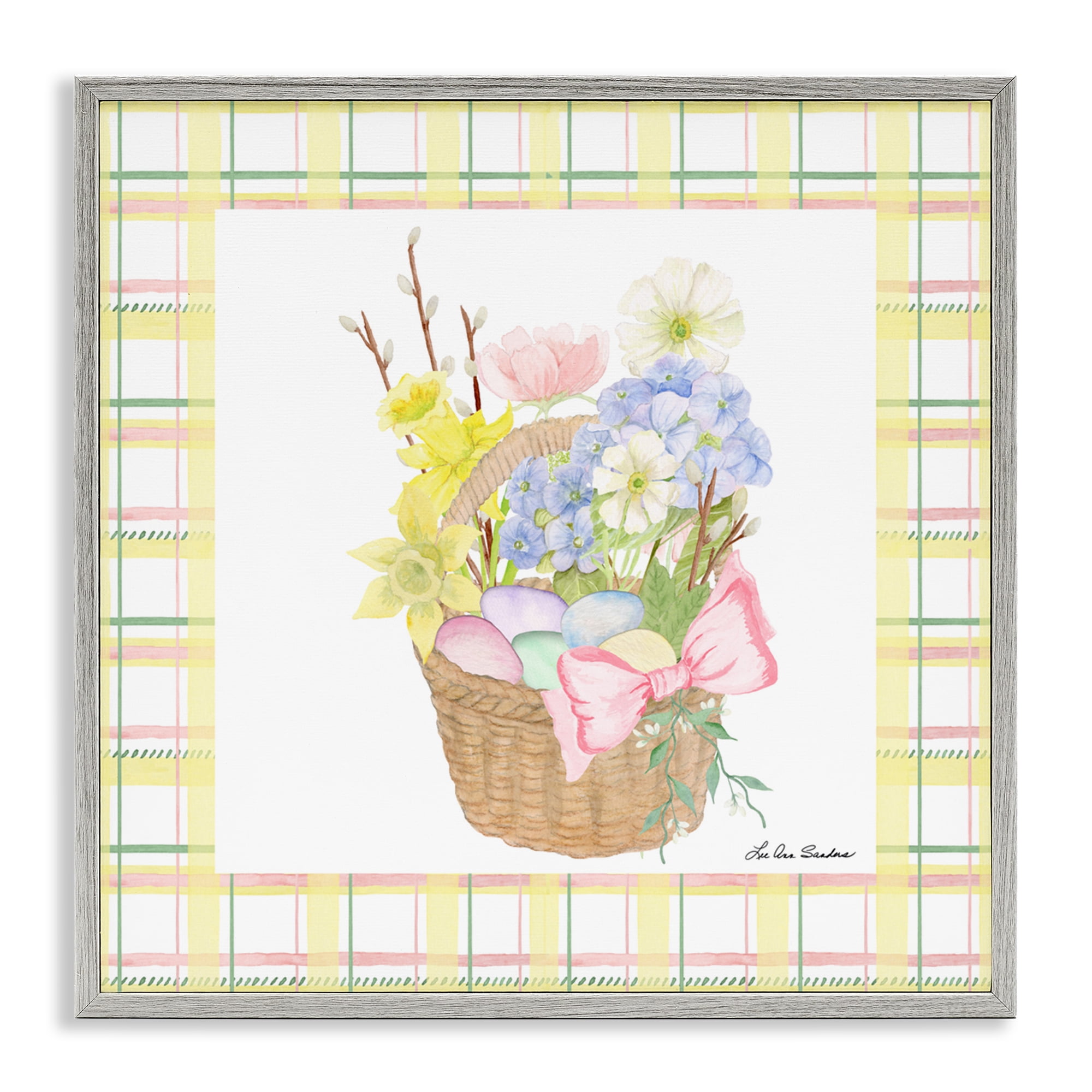 Spring Basket on Plaid Gray Framed Giclee Art, design by Lee Ann Sanders