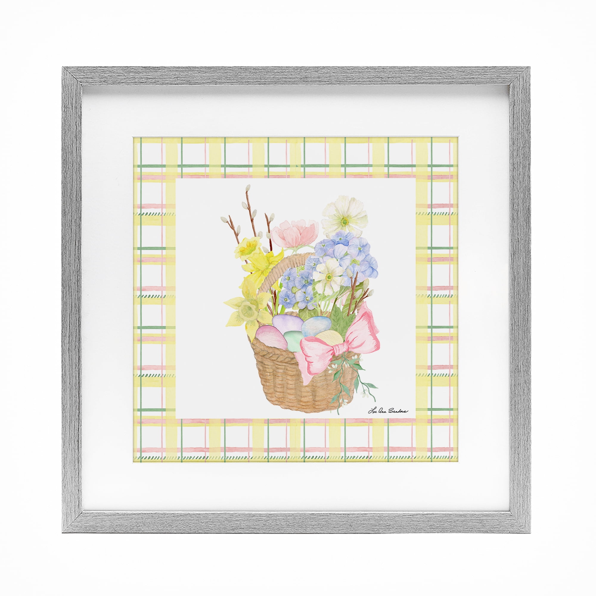 Spring Basket on Plaid Gray Framed Print Under Glass, design by Lee Ann Sanders