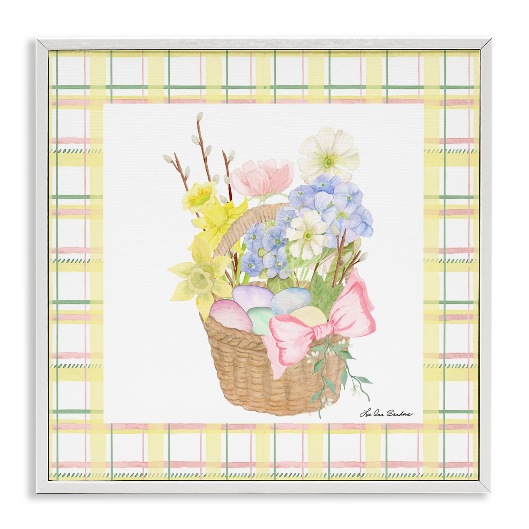 Spring Basket on Plaid White Framed Giclee Art, design by Lee Ann Sanders