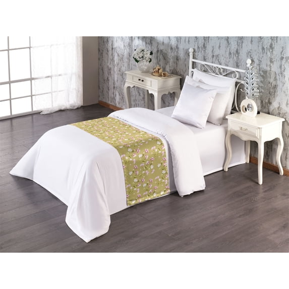 Spring Bed Runner, Flowers and Leaves Summer Romantic Hope Branches Repeated Garden Art, Decorative Accent Bedding Scarf for Hotels Homes & Guest Rooms, Twin, Pink Camel and Pale Khaki, by Ambesonne