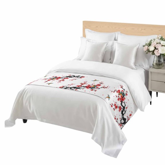 Spring Bed Runner King Size Oriental Traditional Red Plum Blossoms Birds Ethnic Soft Bed Scarf for Foot of Bed, Decorative Bedding Scarf Protection for Hotel Home Bedroom 94 x 20 Inch