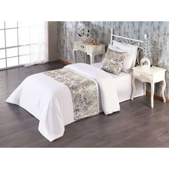 Spring Bed Runner Set, Blooming Nature Branches Leaves and Roses with Bees in Vintage Watercolor, Decorative Bedding Scarf & a Pillow Sham for Hotels Homes, Twin, Pale Tan Sage Green, by Ambesonne