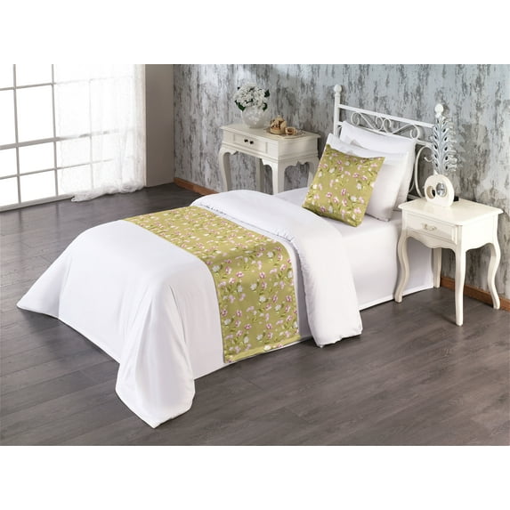 Spring Bed Runner Set, Flowers and Leaves Summer Romantic Hope Branches Repeated Garden Art, Decorative Bedding Scarf & a Pillow Sham for Hotels Homes, Twin, Pink Camel and Pale Khaki, by Ambesonne