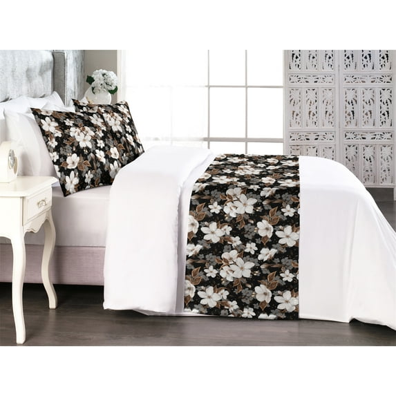 Spring Bed Runner Set, Flowers of the Night Blossoming Garden Romantic Vintage Petals Artwork, Decorative Bedding Scarf & 2 Pillow Shams for Hotels Homes, Queen, Charcoal Grey and Umber, by Ambesonne