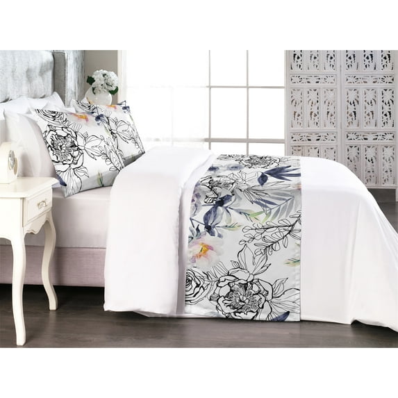 Spring Bed Runner Set, Hand-Drawn Rose Flowers Colorful Peonies Anemones Ornament on Plain Back, Decorative Bedding Scarf & 2 Pillow Shams for Hotels Homes, King, Dark Indigo Pale Ruby, by Ambesonne