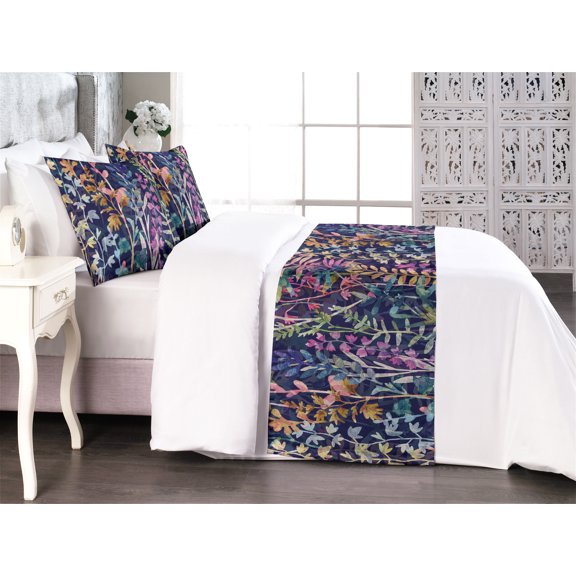 Spring Bed Runner Set, Watercolor Art Featuring Overlapped Colorful Leaves Hand-Drawn Plot, Decorative Bedding Scarf & 2 Pillow Shams for Hotels Homes, Queen, Pale Caramel and Lavender, by Ambesonne