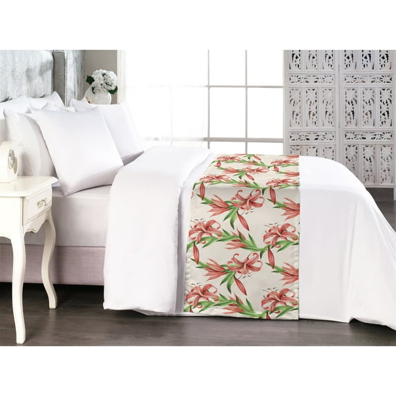 Spring Bed Runner, Tiger Lily Flowers of the Exotic Jungle Leaves Simple Vintage Botanical, Decorative Accent Bedding Scarf for Hotels Homes & Guest Rooms, King, Coral Green Off White, by Ambesonne