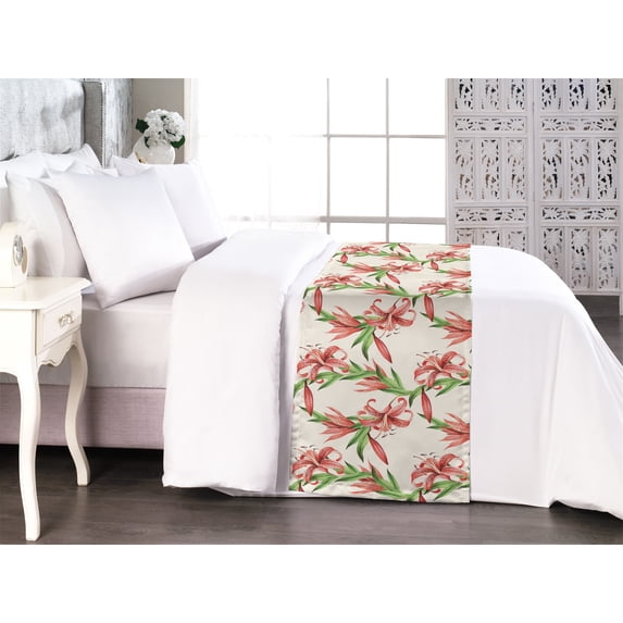 Spring Bed Runner, Tiger Lily Flowers of the Exotic Jungle Leaves Simple Vintage Botanical, Decorative Accent Bedding Scarf for Hotels Homes & Guest Rooms, Queen, Coral Green Off White, by Ambesonne