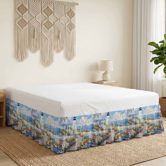 Spring Bed Skirt Bed Skirts California King Size 18 Inch Drop, Colorful Flowers Town Beacon Country Scenery Wrap Around Dust Ruffle Bedskirt with Adjustable Elastic Belt for California King Size Beds